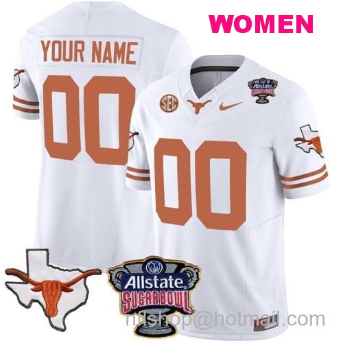 Women's Custom Texas Longhorns Jersey Name and Number Sugar Bowl Patch Football White