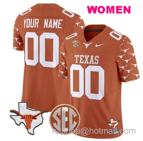 Women's Custom Texas Longhorns Jersey Name and Number State Map and Sec Patch Vapor Limited College Football Stitched Texas Orange