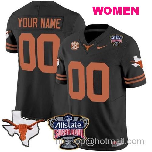 Women's Custom Texas Longhorns Jersey Name and Number Sugar Bowl Patch Football Black