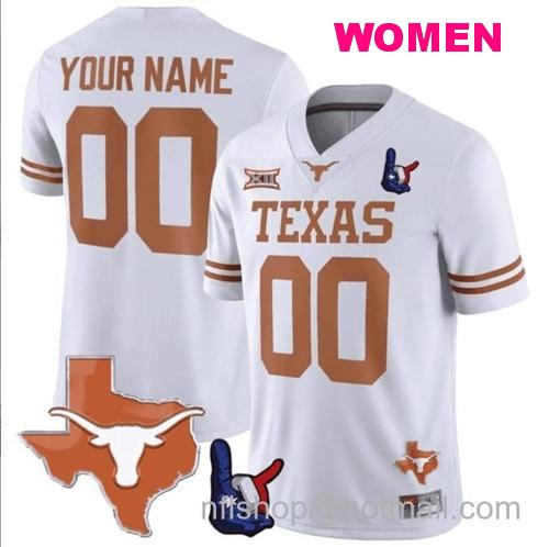 Women's Custom Texas Longhorns Jersey Name and Number Texas State and Throwing Up The H Patch White