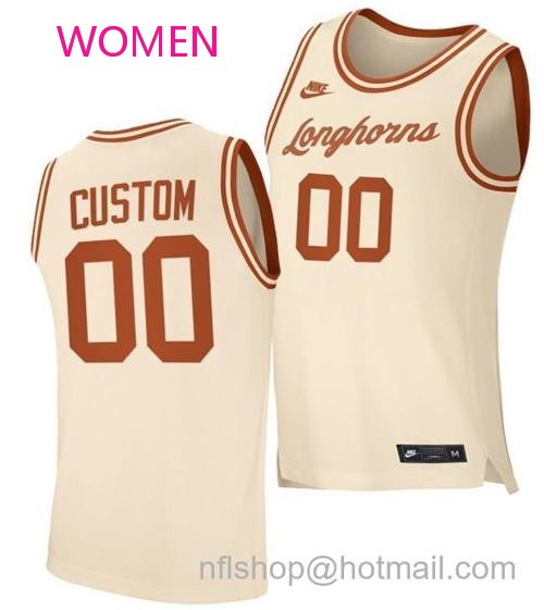 Women's Custom Texas Longhorns Jersey Name and Number College Basketball Cream Retro Replica