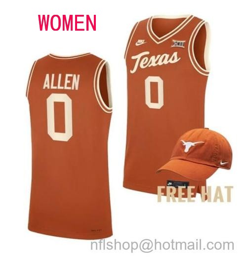 Women's #0 Timmy Allen Jersey Texas Longhorns College Basketball Jerseys Orange Throwback