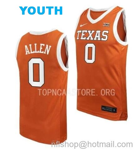 Youth #0 Timmy Allen Jersey Texas Longhorns College Basketball Jerseys Orange