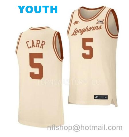 Youth #5 Marcus Carr Jersey Texas Longhorns College Basketball Jerseys Cream