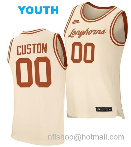 Youth Custom Texas Longhorns Jersey Name and Number College Basketball Cream Retro Replica