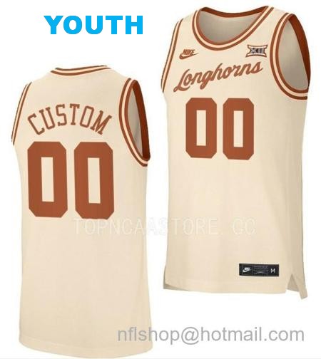 Youth Custom Texas Longhorns Jersey Name and Number College Basketball Cream Retro