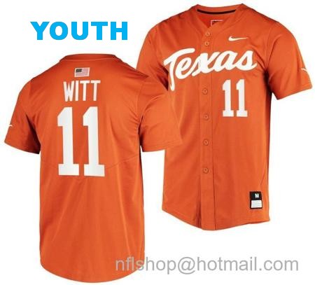 Youth Tanner Witt Jersey Texas Longhorns Baseball NCAA College 2023 MLB Draft Top prospects Orange #11