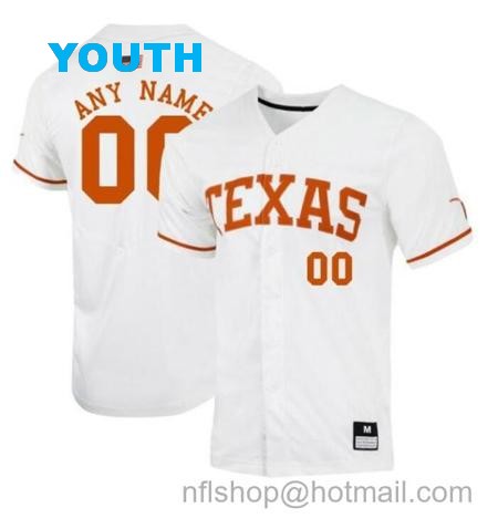 Youth Custom Texas Longhorns Baseball Jersey Name and Number NCAA College White