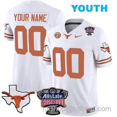 Youth Custom Texas Longhorns Jersey Name and Number Sugar Bowl Patch Football White