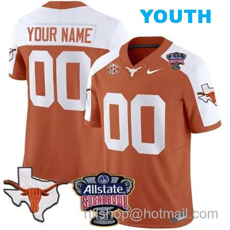 Youth Custom Texas Longhorns Jersey Name and Number Sugar Bowl Patch Football Orange Alternate