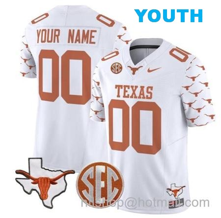 Youth Custom Texas Longhorns Jersey Name and Number State Map and Sec Patch Vapor Limited College Football Stitched White