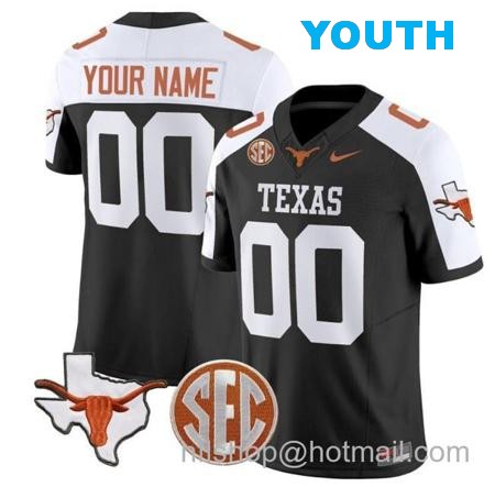 Youth Custom Texas Longhorns Jersey Name and Number State Map and Sec Patch Vapor Limited College Football Stitched Black Alternate