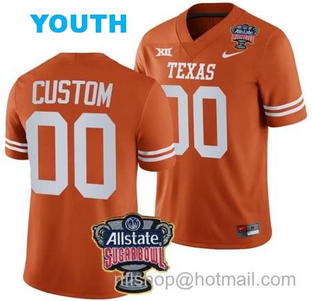 Youth Custom Texas Longhorns Jersey Name and Number Allstate Sugar Bowl Patch 2024 College Football Orange