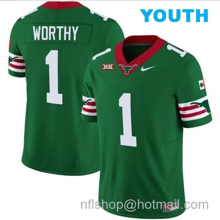 Youth Xavier Worthy Jersey #1 Texas Longhorns Mexico Vapor College Football Green