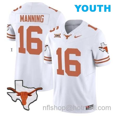 Youth Arch Manning Jersey #16 Texas Longhorn Vapor Limited College Football White