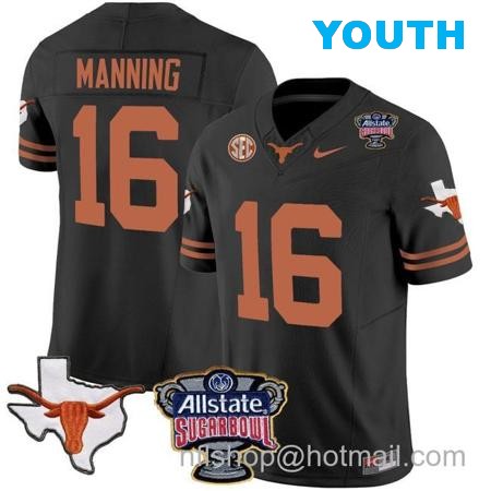 Youth Arch Manning Jersey #16 Texas Longhorns Sugar Bowl Patch Vapor Football Black