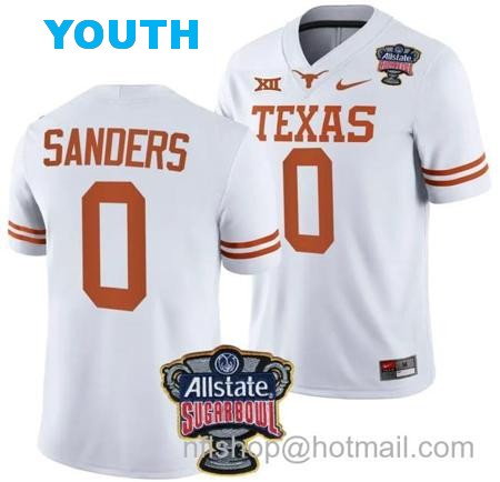 Youth Ja'Tavion Sanders Jersey #0 Texas Longhorns Allstate Sugar Bowl Patch 2024 College Football White