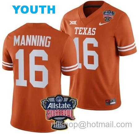 Youth Arch Manning Jersey #16 Texas Longhorns Allstate Sugar Bowl Patch 2024 College Football Orange