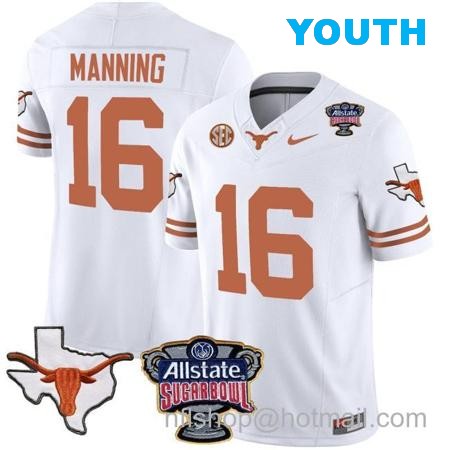 Youth Arch Manning Jersey #16 Texas Longhorns Sugar Bowl Patch Vapor Football White