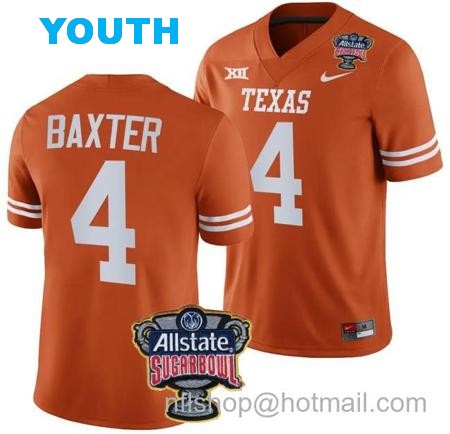 Youth CJ Baxter Jersey #4 Texas Longhorns Allstate Sugar Bowl Patch 2024 College Football Orange