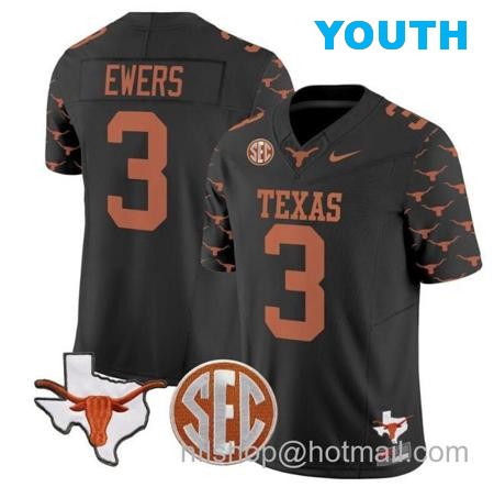 Youth Quinn Ewers Jersey #3 Texas Longhorns State Map and Sec Patch Vapor Limited College Football Stitched Black