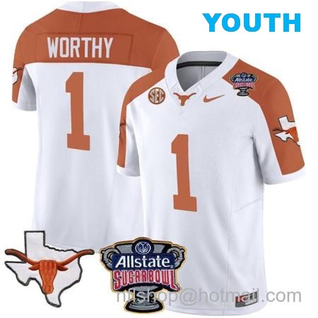 Youth Xavier Worthy Jersey #1 Texas Longhorns Sugar Bowl Patch Vapor Football Inverted