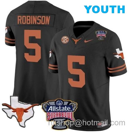 Youth Bijan Robinson Jersey #5 Texas Longhorns Sugar Bowl Patch Vapor Football Black