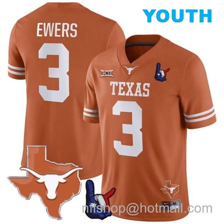 Youth Quinn Ewers Jersey #3 Texas Longhorns Texas State Map and Throwing Up The H Patch Football Orange