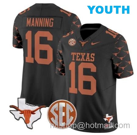 Youth Arch Manning Jersey #16 Texas Longhorns State Map and Sec Patch Vapor Limited College Football Stitched Black