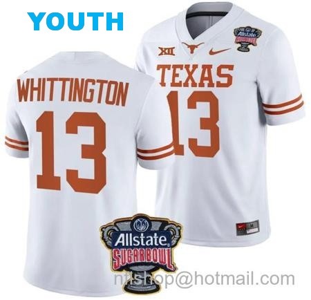 Youth Jordan Whittington Jersey #13 Texas Longhorns Allstate Sugar Bowl Patch 2024 College Football White