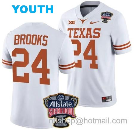 Youth Jonathon Brooks Jersey #24 Texas Longhorns Allstate Sugar Bowl Patch 2024 College Football White