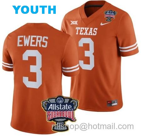 Youth Quinn Ewers Jersey #3 Texas Longhorns Allstate Sugar Bowl Patch 2024 College Football Orange