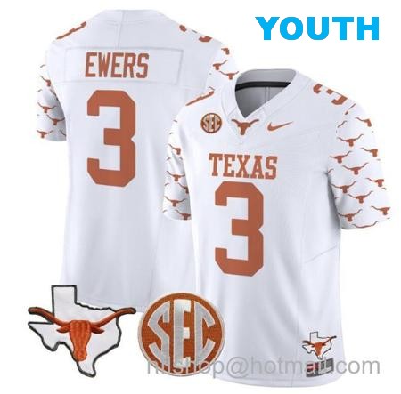 Youth Quinn Ewers Jersey #3 Texas Longhorns State Map and Sec Patch Vapor Limited College Football Stitched White