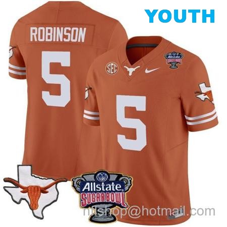 Youth Bijan Robinson Jersey #5 Texas Longhorns Sugar Bowl Patch Vapor Football Texas Orange