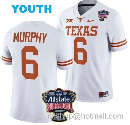 Youth Maalik Murphy Jersey #6 Texas Longhorns Allstate Sugar Bowl Patch 2024 College Football White