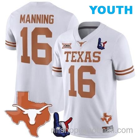 Youth Arch Manning Jersey #16 Texas Longhorns Texas State Map and Throwing Up The H Patch Football White