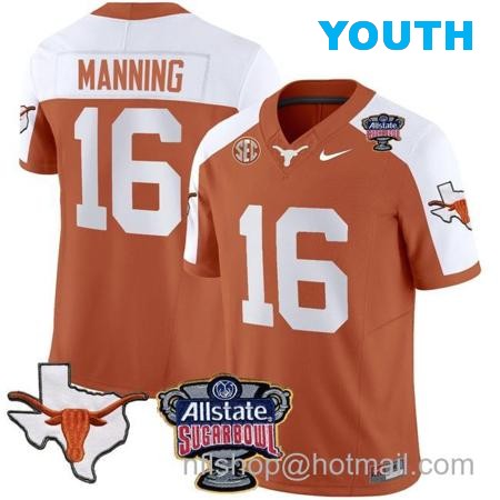 Youth Arch Manning Jersey #16 Texas Longhorns Sugar Bowl Patch Vapor Football Orange Alternate