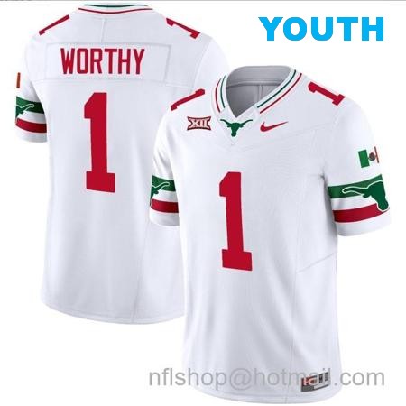 Youth Xavier Worthy Jersey #1 Texas Longhorns Mexico Vapor College Football White