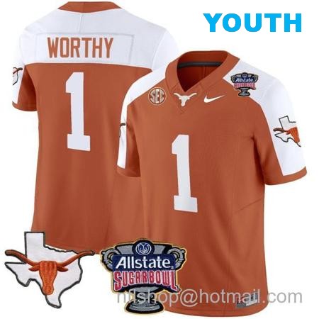 Youth Xavier Worthy Jersey #1 Texas Longhorns Sugar Bowl Patch Vapor Football Orange Alternate