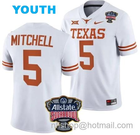 Youth Adonai Mitchell Jersey #5 Texas Longhorns Allstate Sugar Bowl Patch 2024 College Football White