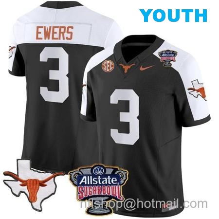 Youth Quinn Ewers Jersey #3 Texas Longhorns Sugar Bowl Patch Vapor Football Black Alternate