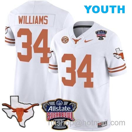 Youth Ricky Williams Jersey #34 Texas Longhorns Sugar Bowl Patch Vapor Football White