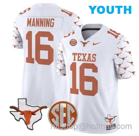 Youth Arch Manning Jersey #16 Texas Longhorns State Map and Sec Patch Vapor Limited College Football Stitched White