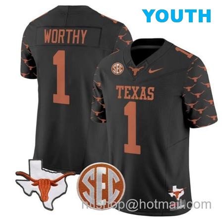 Youth Xavier Worthy Jersey #1 Texas Longhorns State Map and Sec Patch Vapor Limited College Football Stitched Black