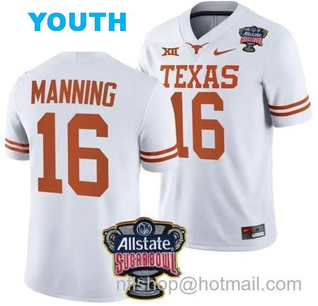 Youth Arch Manning Jersey #16 Texas Longhorns Allstate Sugar Bowl Patch 2024 College Football White