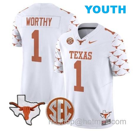 Youth Xavier Worthy Jersey #1 Texas Longhorns State Map and Sec Patch Vapor Limited College Football Stitched White