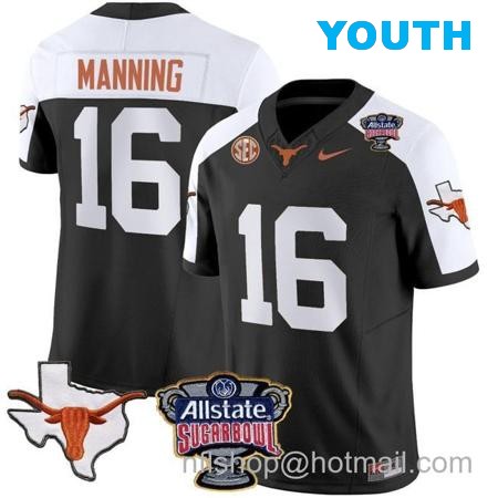 Youth Arch Manning Jersey #16 Texas Longhorns Sugar Bowl Patch Vapor Football Black Alternate