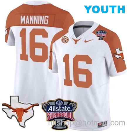 Youth Arch Manning Jersey #16 Texas Longhorns Sugar Bowl Patch Vapor Football Inverted