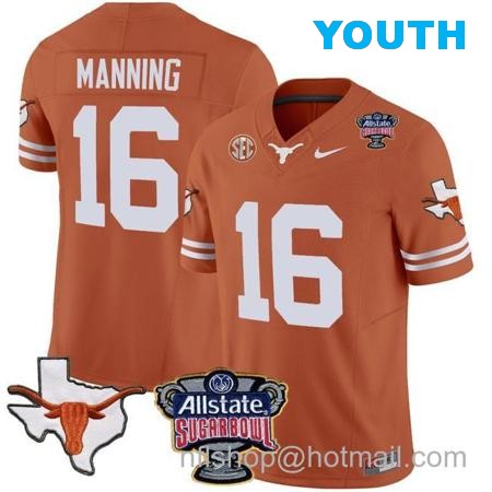 Youth Arch Manning Jersey #16 Texas Longhorns Sugar Bowl Patch Vapor Football Texas Orange