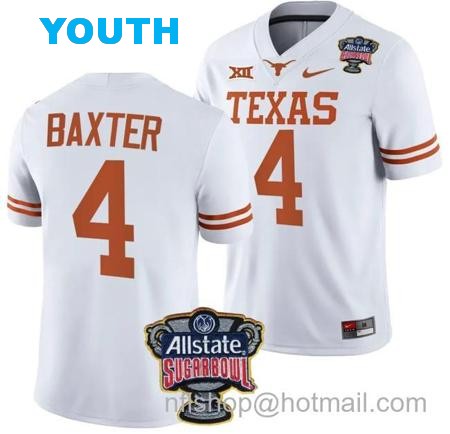 Youth CJ Baxter Jersey #4 Texas Longhorns Allstate Sugar Bowl Patch 2024 College Football White